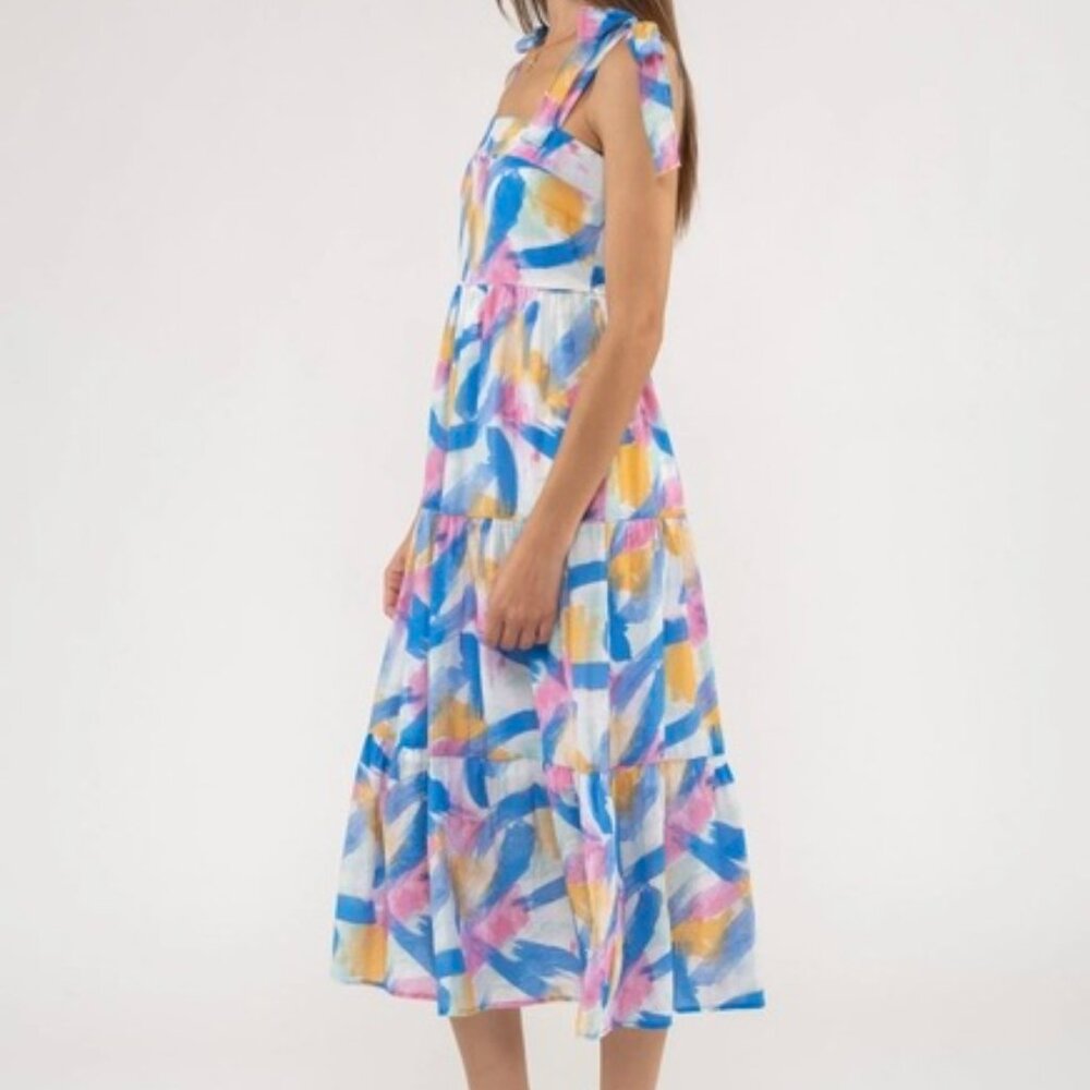 Brush Stroke Print Tiered Midi Dress